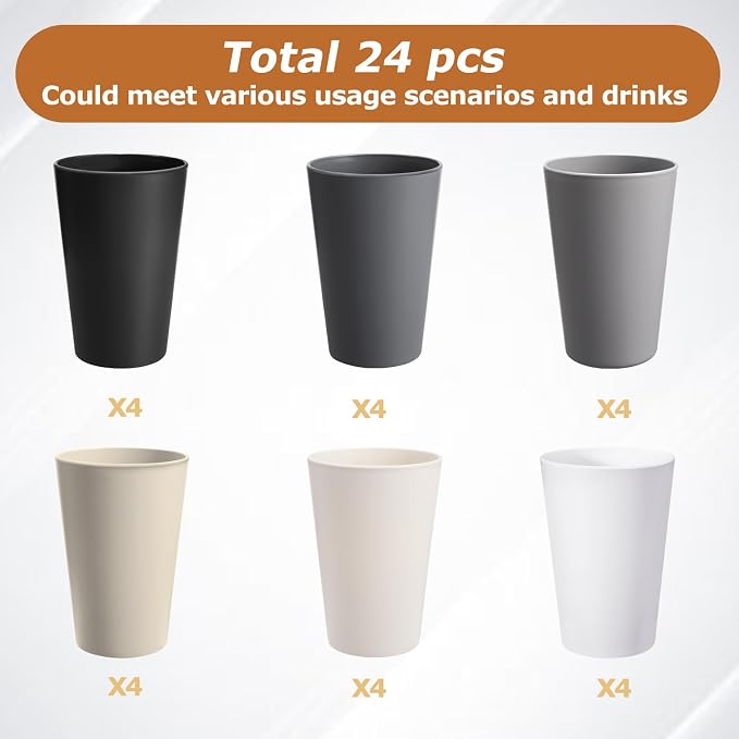 24 Pcs Unbreakable Plastic Cups Set, 14 oz Reusable Plastic Cups, Stackable - Image 3