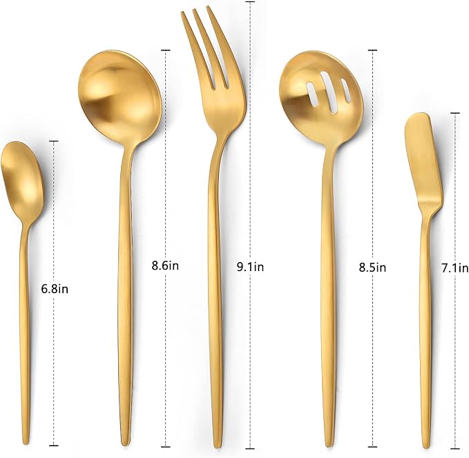 VANVRO Matte Gold Serving Silverware Set, 5-Piece Round Shared Utensils Set of - Image 2