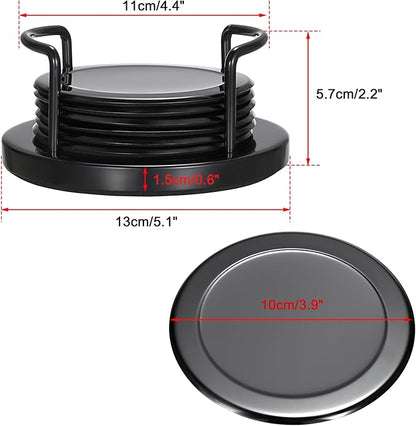 JUXYES Set of 6 Stainless Steel Round Coasters with Holder & Sponge Bottom, Black Metal Cup Coasters Set Stunning Cool Coaster Cups Mats Decor for Restaurant Kitchen bar Dining Table