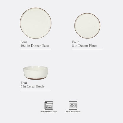 Gibson Elite Northrock Stoneware Dinnerware Set, 12-Piece Service for 4 Plates and Bowls Set – White Dishes with Hand-Painted Terracotta Base