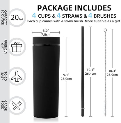 Volhoply 20oz Plastic Skinny Tumblers Bulk 4 Pack,Double Wall Tumbler with Lid and Straw,Reusable Travel Iced Coffee Mug,BPA Free Matte Acrylic Water Cups With Straw for Party,DIY Gifts(Black,4 Set)
