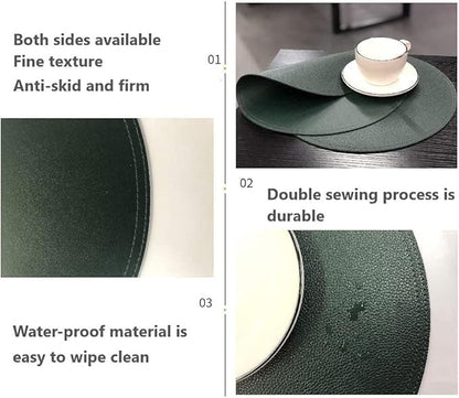 Set of 8 Faux Leather Round Placemats and Coasters, Disko Table Mats and Drink Spills Coasters, Easy to Clean, Double Stitched for Kitchen Dining Table, Diameter 13'' and 3.9''