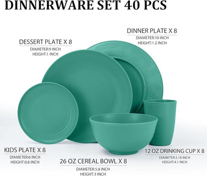Wheat Straw Dinnerware Sets 40 PCS Unbreakable Dishes Set for Kitchen, Outdoor, Camping Dishes Plates and Bowls Sets with Cups, Dessert Plates, Dishwasher & Microwave Safe - Green