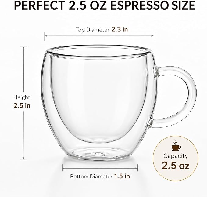 2.5oz Espresso Cups Set of 6, Small Expresso Shot Glass, Double Wall Insulated - Image 2