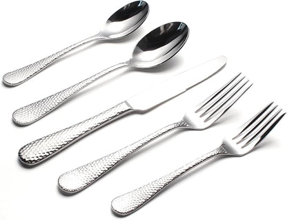 20-Piece Forged Hammered Stainless Steel Flatware Cutlery Set for 4, SXY INOX Shape of Water Drop Includes Dinner Knives/Forks/Spoons,Tea Spoons, Salad Forks, Mirror Polished - Dishwasher Safe