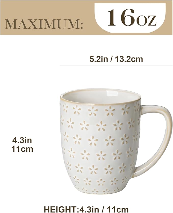 MALACASA LYDIA 16 Oz Coffee Mugs Set of 4, Ceramic Embossed Cups | - Image 6