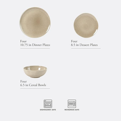 Gibson Elite Sandy Pines Stoneware Plates and Bowls Set - 12 Piece Reactive Glaze Dinnerware Set - Service for 4 - Dishwasher and Microwave Safe - Cream Taupe