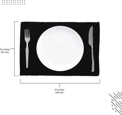 Encasa XO Dining Placemat Set of 6 | Solid Black Color | Fine Ribbed Cotton Table mat | Size 19x13 in | Machine Washable
