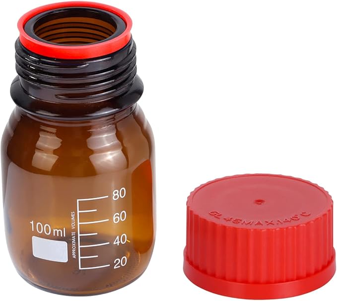 20 Pieces Amber Glass 100 mL Graduated Round Lab Reagent Media/Storage Bottle With GL45 Red Screw Cap