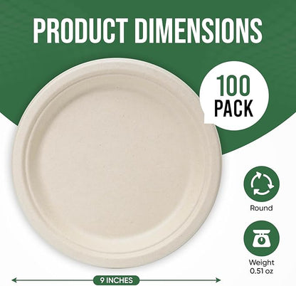 9 Inch Compostable Paper Plates (100 Pack) - Eco-Friendly Disposable Dinnerware for Parties, Microwavable & Water/Oil Resistant - 100% Biodegradable Heavy Duty Brown Plates for Events, Picnics
