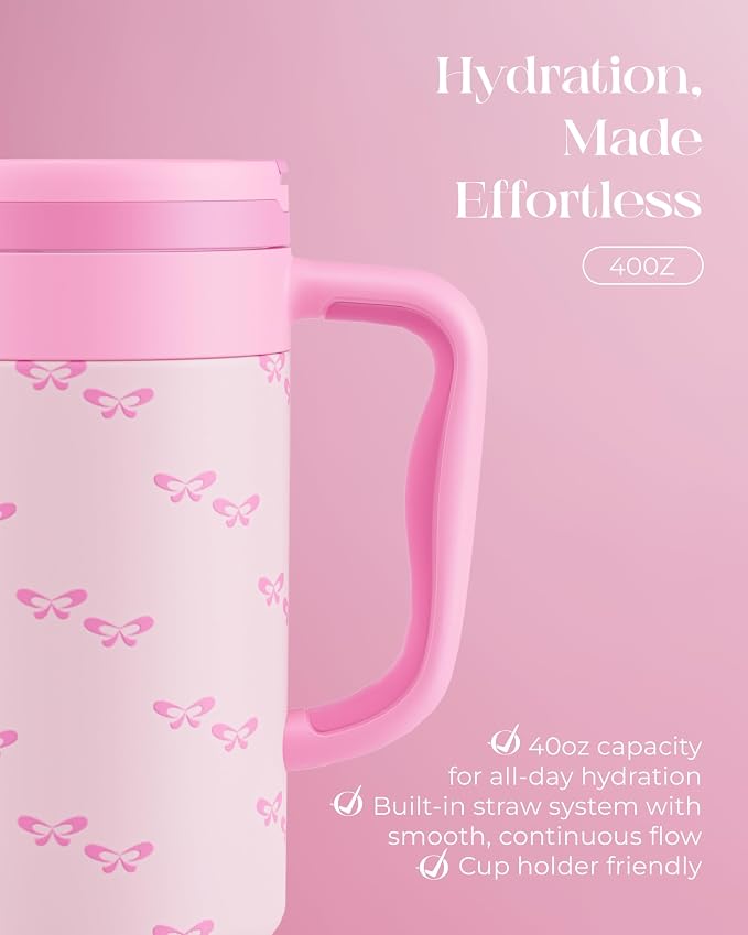 40 oz Insulated Tumbler with Handle and Push-Button Straw Lid, Stainless Steel - Image 5