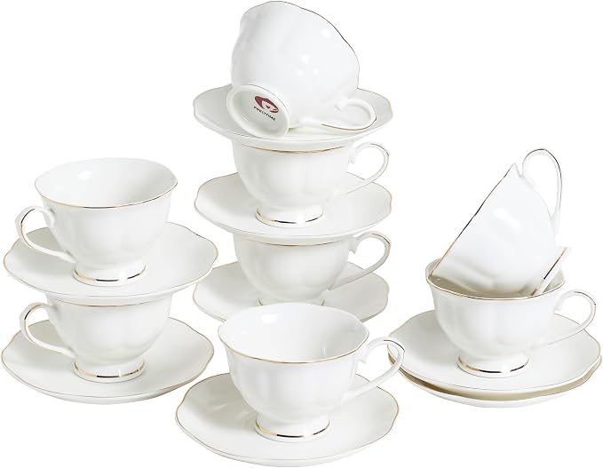 White Ceramic Tea Cup and Saucer Set of 8 - 6oz Elegant Porcelain Cups by PRECITIME