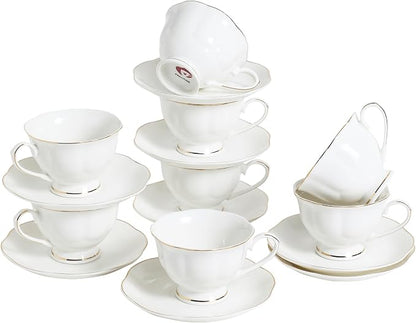 White Ceramic Tea Cup and Saucer Set of 8 - 6oz Elegant Porcelain Cups by PRECITIME