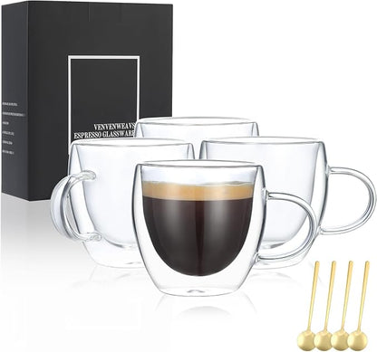 VENVENWEAVS Espresso Cups Set Of 4, Double Wall 5OZ Hand Blown coffee Shots by PREMIUMGLASSWARE
