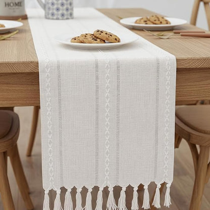 Boho Table Runner with Hand Tassels, Rustic Handwoven with Texture Fringe Table - Image 2