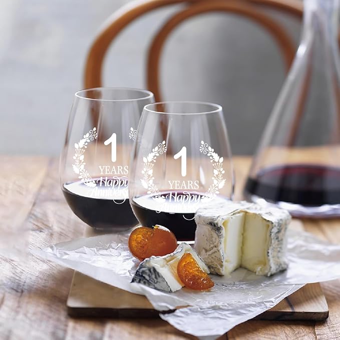 Perfectinsoy 1 Years Happy Anniversary Wine Glass Set of 2, Happy 1th - Image 3