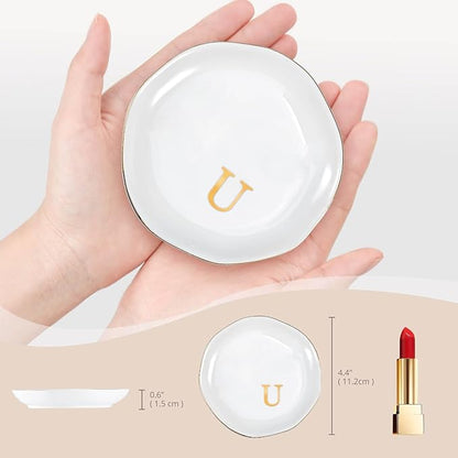 ProCase Ceramic Jewelry Tray, Initial Ring Dish Trinket Plate Engagement Gift, Small Personalized Monogram Ring Bowl for Wedding, White Decorative Jewelry Holder for Women Vanity -Letter U