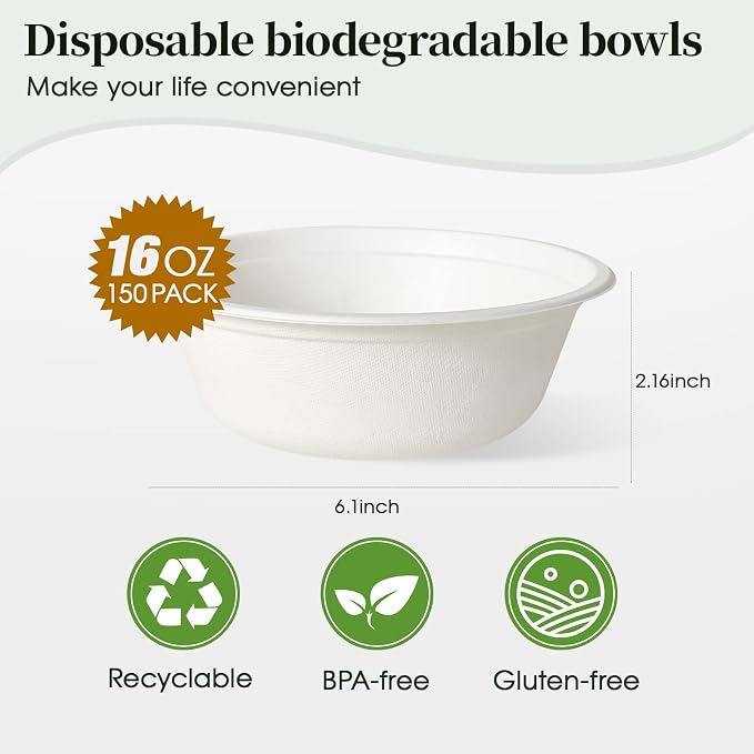 150 Pack 16 oz Compostable Paper Bowls Disposable - Image 2