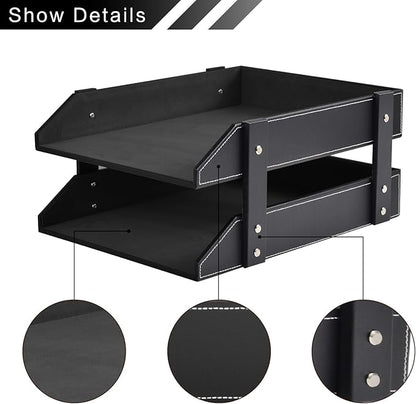 Leather Desk Organizer,2-Tier Stackable Letter Tray Holder,Office Supplies Desktop Storage Box for Document,Stationery,Magazines,Newspapers,Letters and Other Home Office Paper Sundries,Black