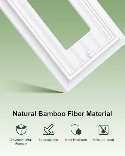 2-Pack Classic Beadboard Decorator Wall Plate Cover, Pure White Decorative Switch Plates and Outlet Covers, Durable Natural Bamboo Fiber Wall Plates for Electrical Outlets, Receptacle, GFCI Outlet