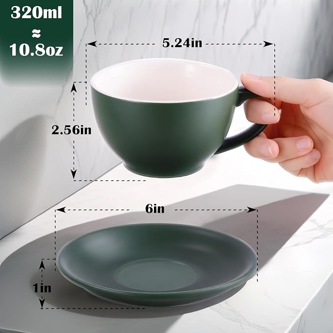 Yundu Matte Green Cappuccino Cups Set of 4-10oz Ceramic Latte Mugs - Image 2