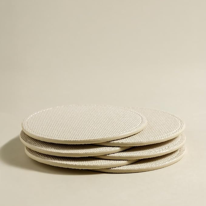 OLETHA Aesthetic Round Drink Coasters, Greige | Canvas-grain faux leather - Image 4