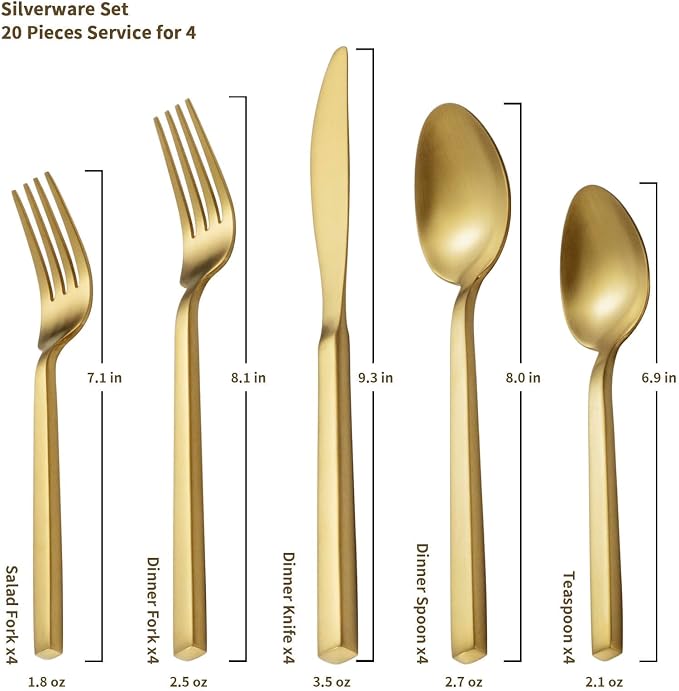 Alata Cube Gold 20-Piece Flatware Set, Forged Cutlery Set, Matte Gold - Image 2