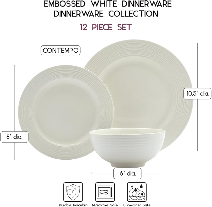 Tabletops Gallery Embossed Bone White Porcelain Round Dinnerware Collection- - Image 4
