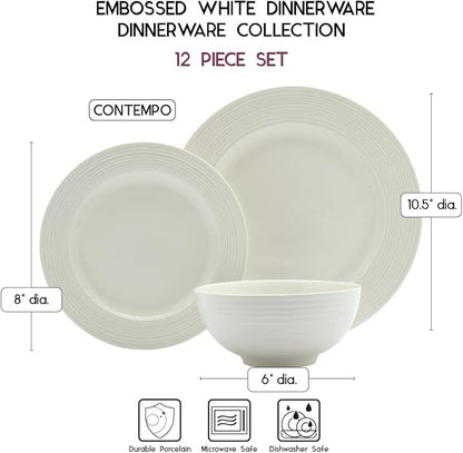 Tabletops Gallery Embossed Bone White Porcelain Round Dinnerware Collection- - Image 4