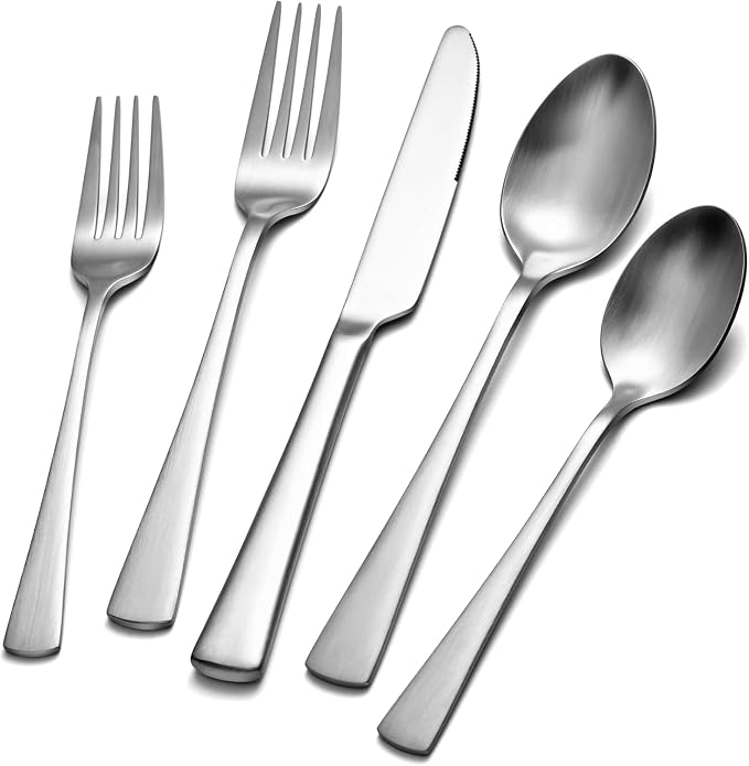 18/10 Flatware set for 12, 60 Piece Matte Stainless Steel Silverware Set | by KINGSTONE