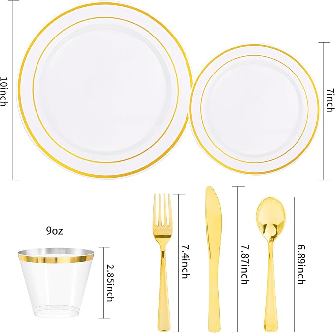 bUCLA 600Pcs White and Gold Plastic Plates - Image 2