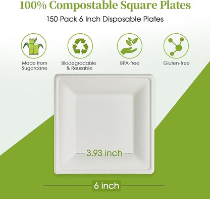 ECOLipak 150 Piecs Compostable Square Plates, 6 inch Eco-friendly Heavy Duty Biodegradable Sugarcane Disposable Paper Plates for Party Dinner Birthday