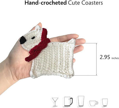 UMIRRO Handwoven Drink Coasters for Coffee Table, Gifts for Dog Lovers, Cute Home Kitchen Decor for Room, Dog Themed Birthday Party Decorations - White Puppy with Red Scarf, Set of 2