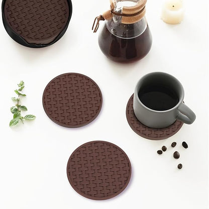 Brown Round Silicone Coasters with Holder, Heat Resistant & Waterproof Cup Mats, 4 Inches Non-Slip Decorative Coster Set 6 Packs for Home, Office, Kitchen, Coffee Bar Table