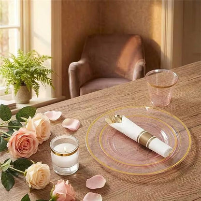 WELLIFE 350Pcs Clear-Pink Plastic Dinnerware- Pink and Gold Plastic Dinnerware - Image 5