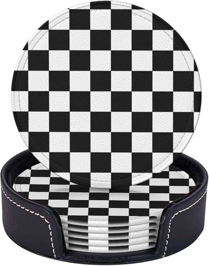 Black Checkered Leather Coasters Set of 6 - Image 2