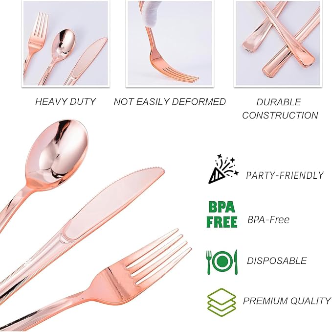 300PCS Rose Gold Plastic Silverware, Disposable Cutlery & Utensils | Heavy Duty - Image 3
