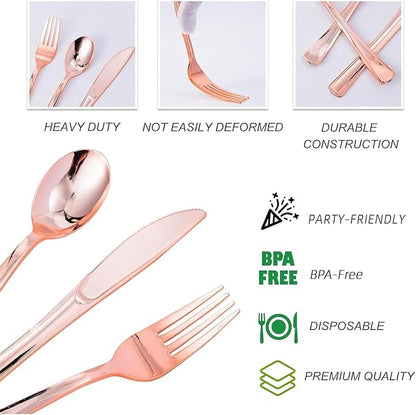 300PCS Rose Gold Plastic Silverware, Disposable Cutlery & Utensils | Heavy Duty - Image 3