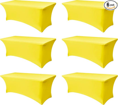 Spandex Table Cloths for 8 Foot Rectangle Tables-6 Pack Fitted Stretch Yellow Table Covers-Elastic Folding Tablecloths for Party, Vendor Booth Display, Banquet Buffet Event, Craft Trade Show