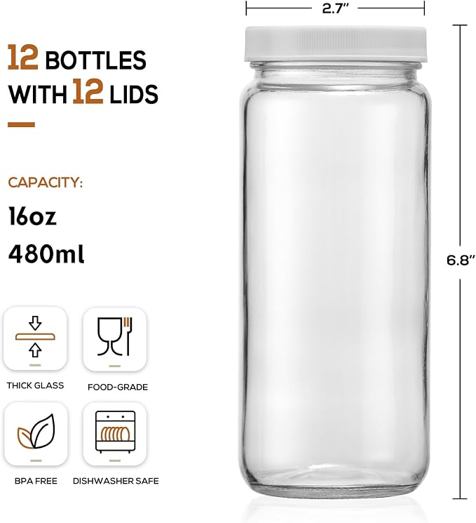 12 PACK, 16 OZ Glass Juice Bottles - Image 2