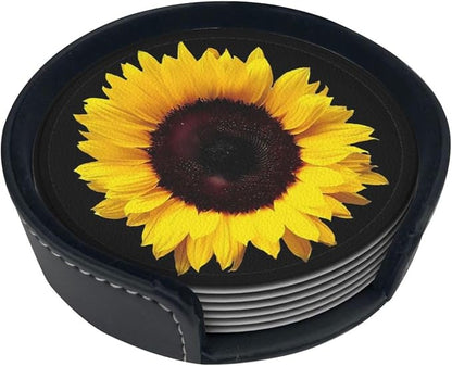 6 Pcs Black Farmhouse Blossom Sunflower Leather Coasters - Image 5