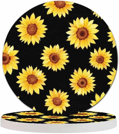 Sunflowers Cup Coasters Set of 2 Chamomile Cornflowers On Black Beautiful Watercolor Floral Wooden Table Apartment Decor 100% Diatomite for Drinking Glasses,4 Inches