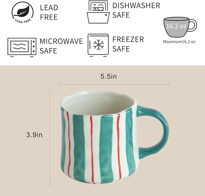 Stripe Ceramic Coffee Mugs, 12oz Vibrant Striped Red and Green Alternating - Image 3