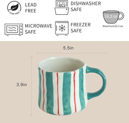 Stripe Ceramic Coffee Mugs, 12oz Vibrant Striped Red and Green Alternating - Image 3