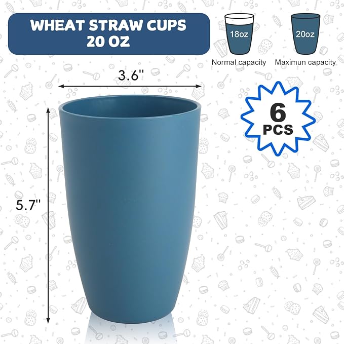 Large 20 OZ Wheat Straw Cups, Unbreakable Drinking Glasses Set of 6, - Image 2