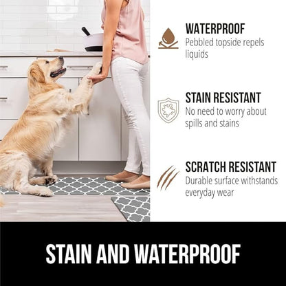GORILLA GRIP 2 Pack Comfortable Cushioned Kitchen Mats for Floor, 17x29 + 17x59, Waterproof, Stain Resistant, 1/2 Inch Thick Ergonomic Standing Desk Anti Fatigue Mat, Foam Supports Feet, Grey White