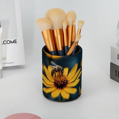 Leather Pen Holder for Desk, Honeybee Pencil Cup Pen Organizer Makeup Brush - Image 6