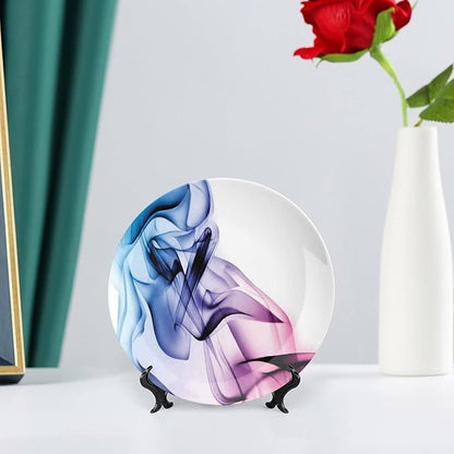 Ceramic Display Plate, Abstract Decor Ceramic Hanging Decorative Plate, Colorful Smoke Dynamic Flow Swirl Contemporary, 10 Inch, Living Room Kitchen Decoration Household, Fuchsia Blue