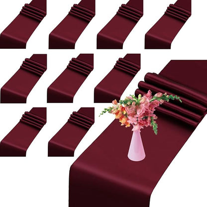 10 Pack Satin Table Runner Burgundy 12x108In Long, Bright Silk Table Runner | by HTONTB