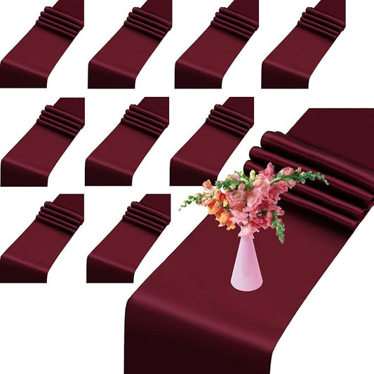 10 Pack Satin Table Runner Burgundy 12x108In Long, Bright Silk Table Runner | by HTONTB